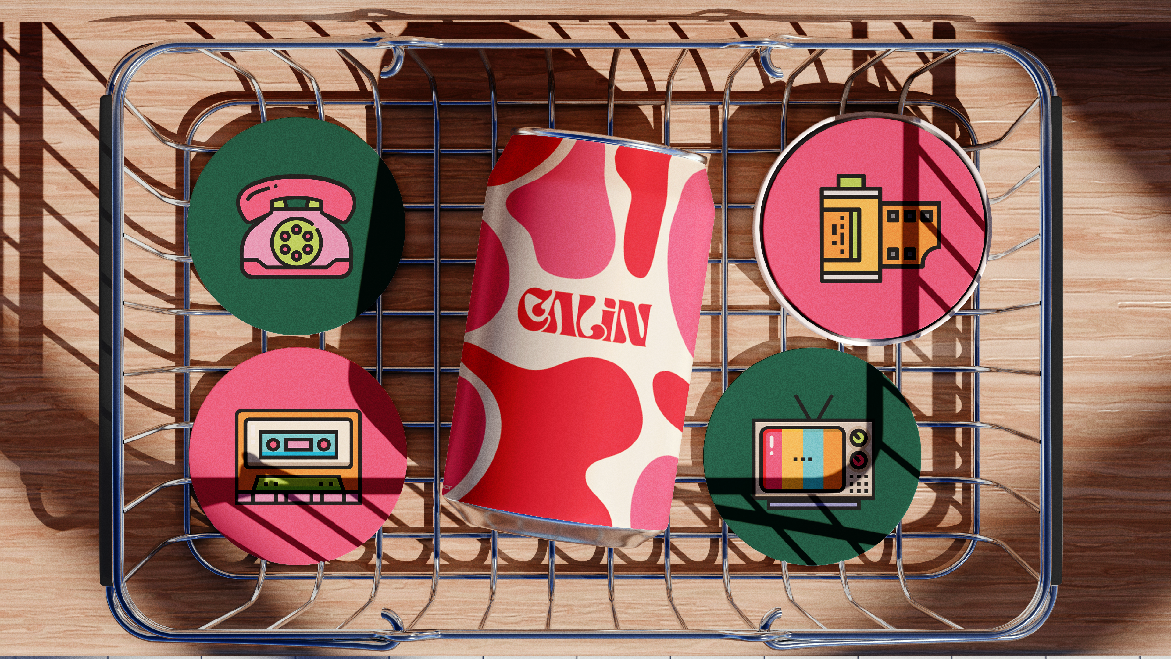 Calin sticker set and can in basket