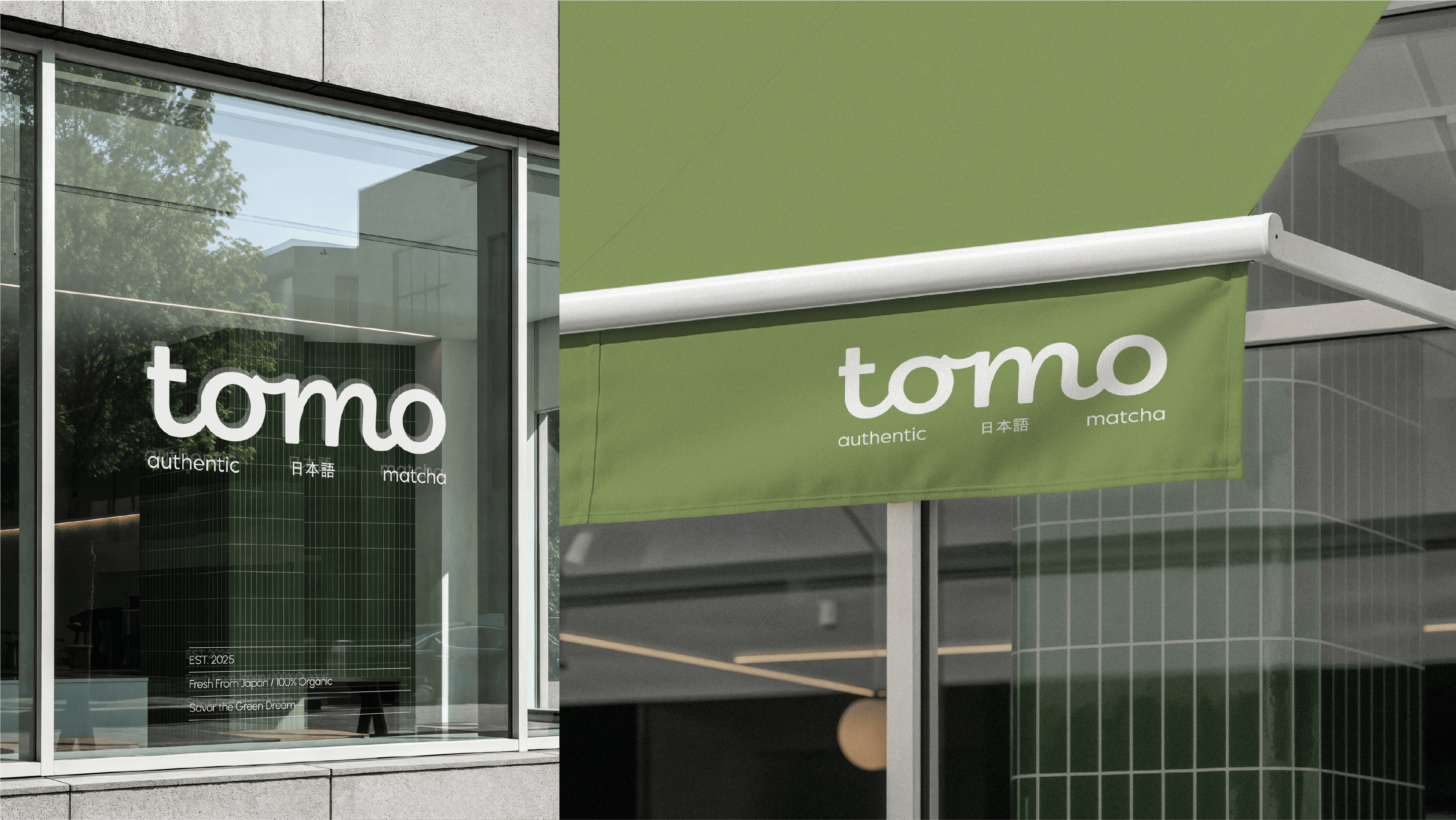 Tomo storefront window vinyl and green awning signage