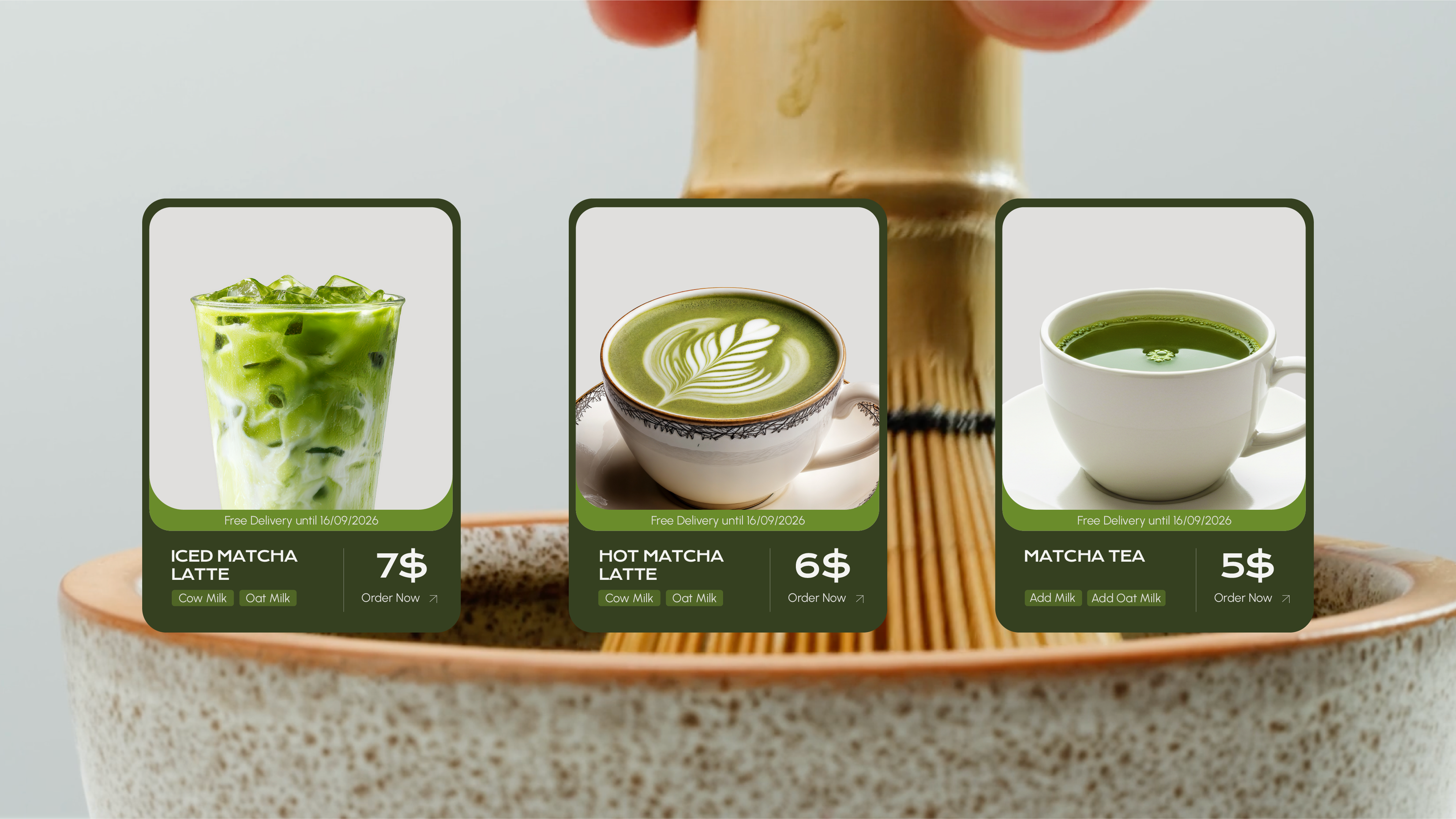 Tomo menu cards for iced matcha latte, hot matcha latte and matcha tea