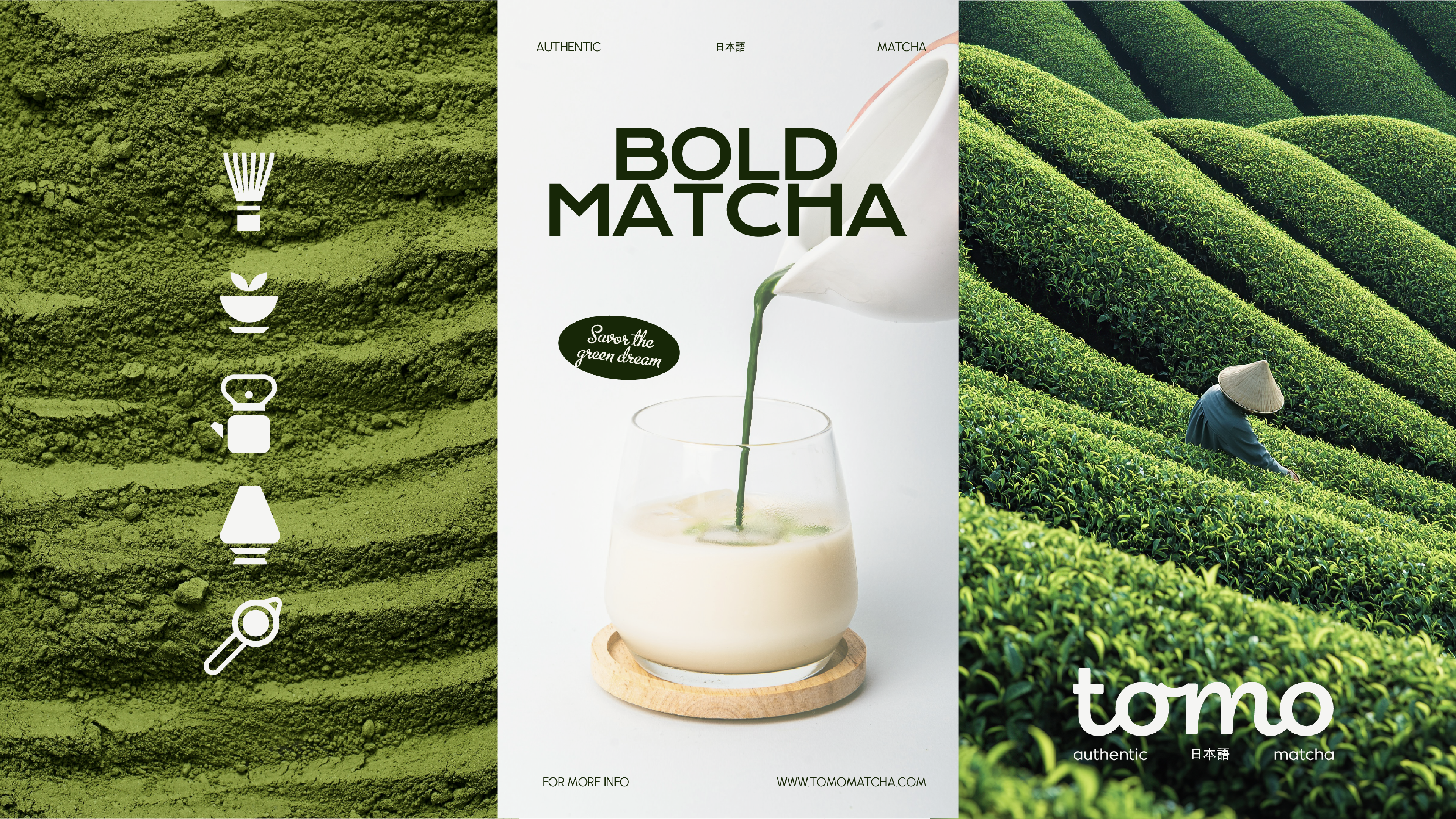 Tomo icon suite, Bold Matcha poster and tea field photography