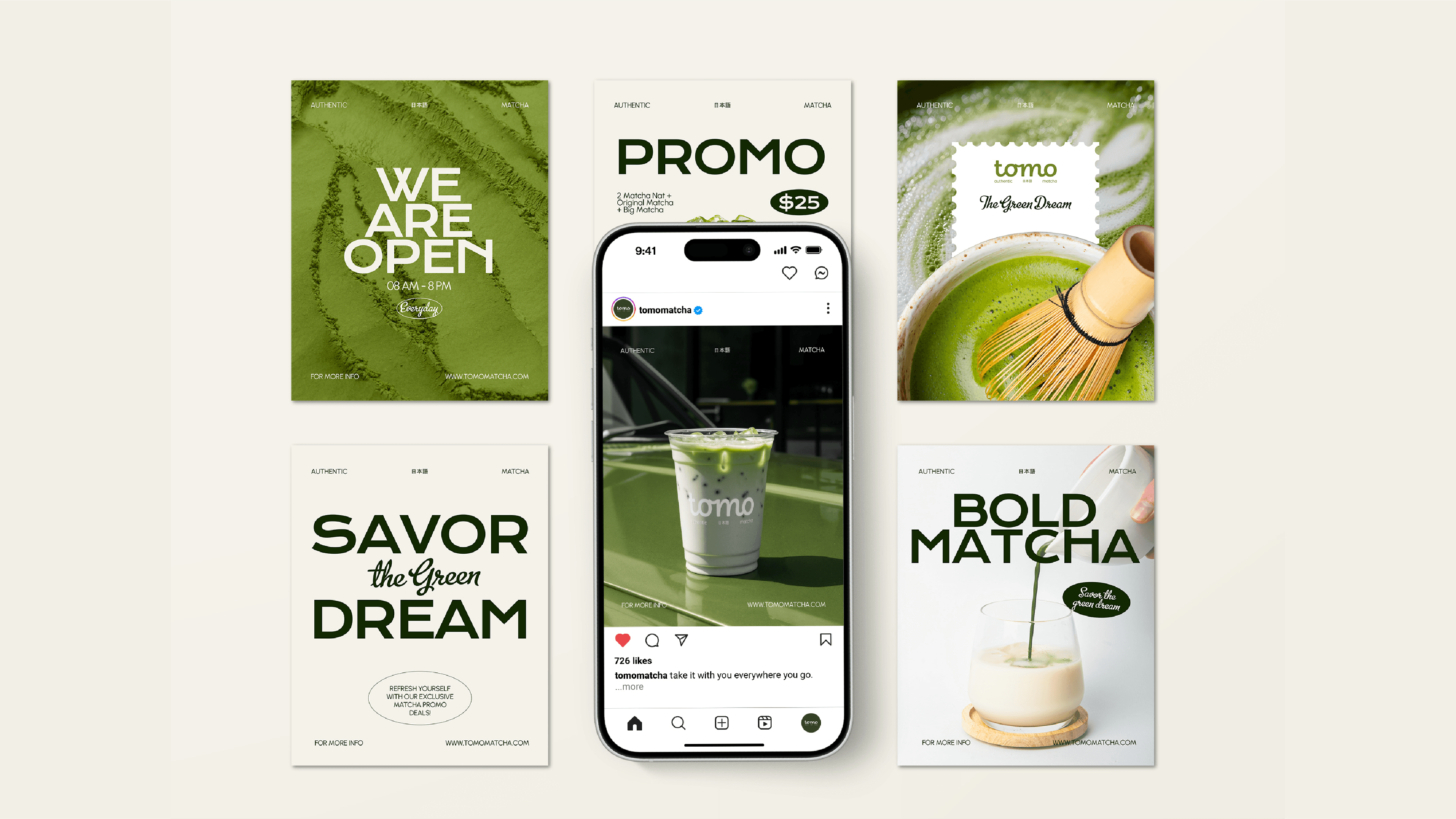 Tomo social media grid with promo, opening hours and campaign posts