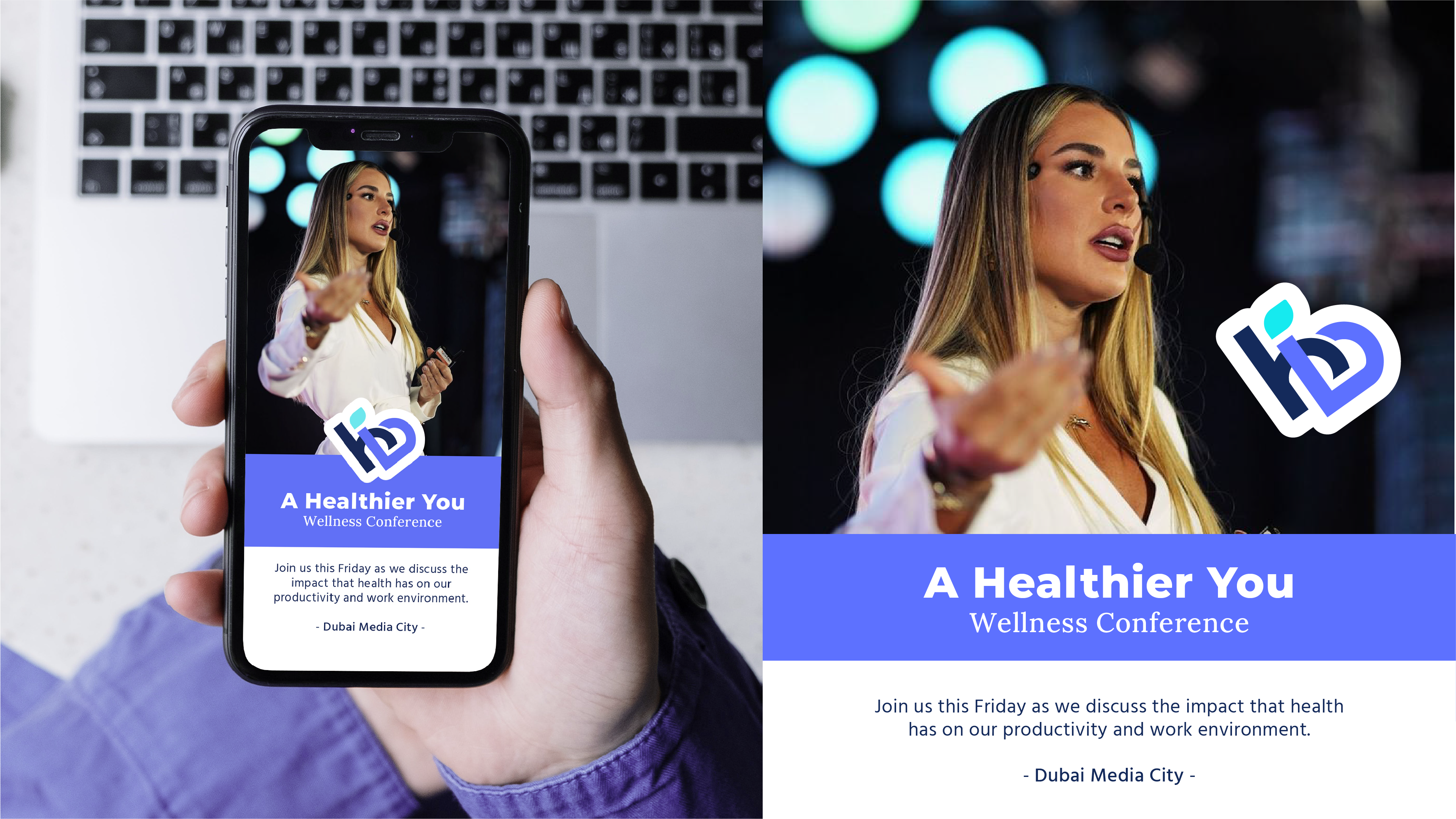 A Healthier You wellness conference social post on phone and desktop