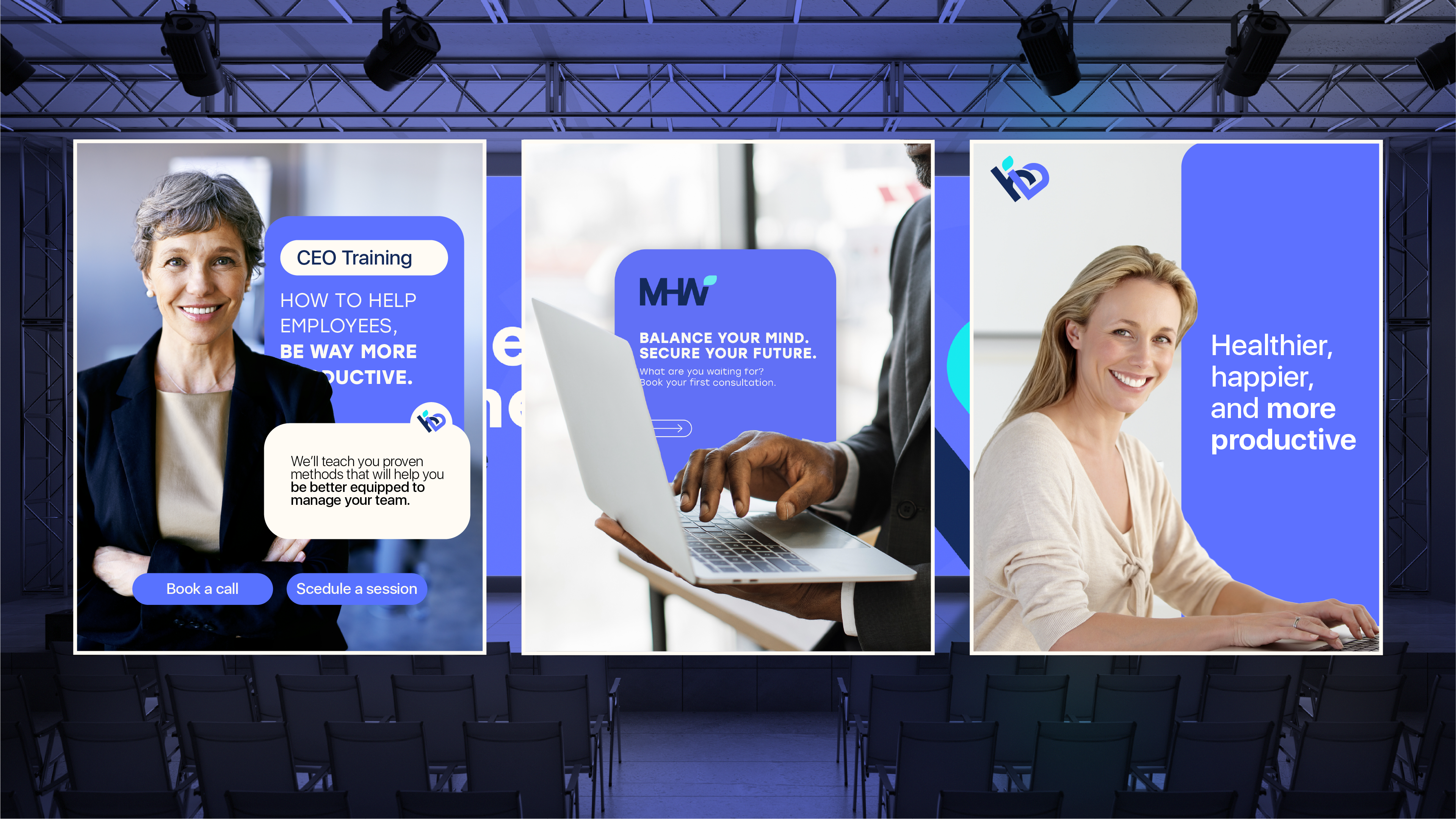 MHW campaign poster and city billboard with Personalized, Healthier, Innovative tags
