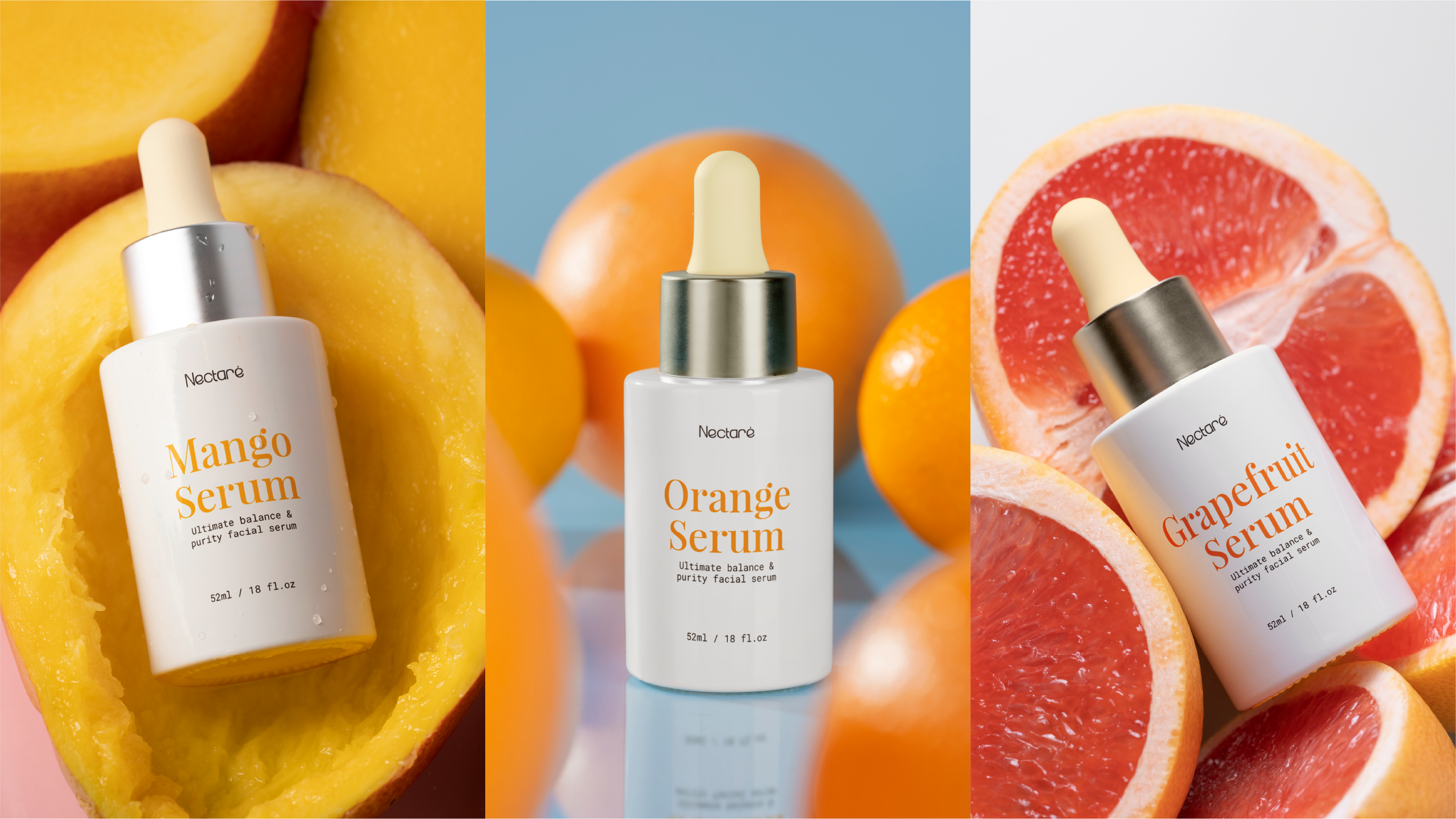 Nectaré Mango, Orange and Grapefruit serum bottles on fruit