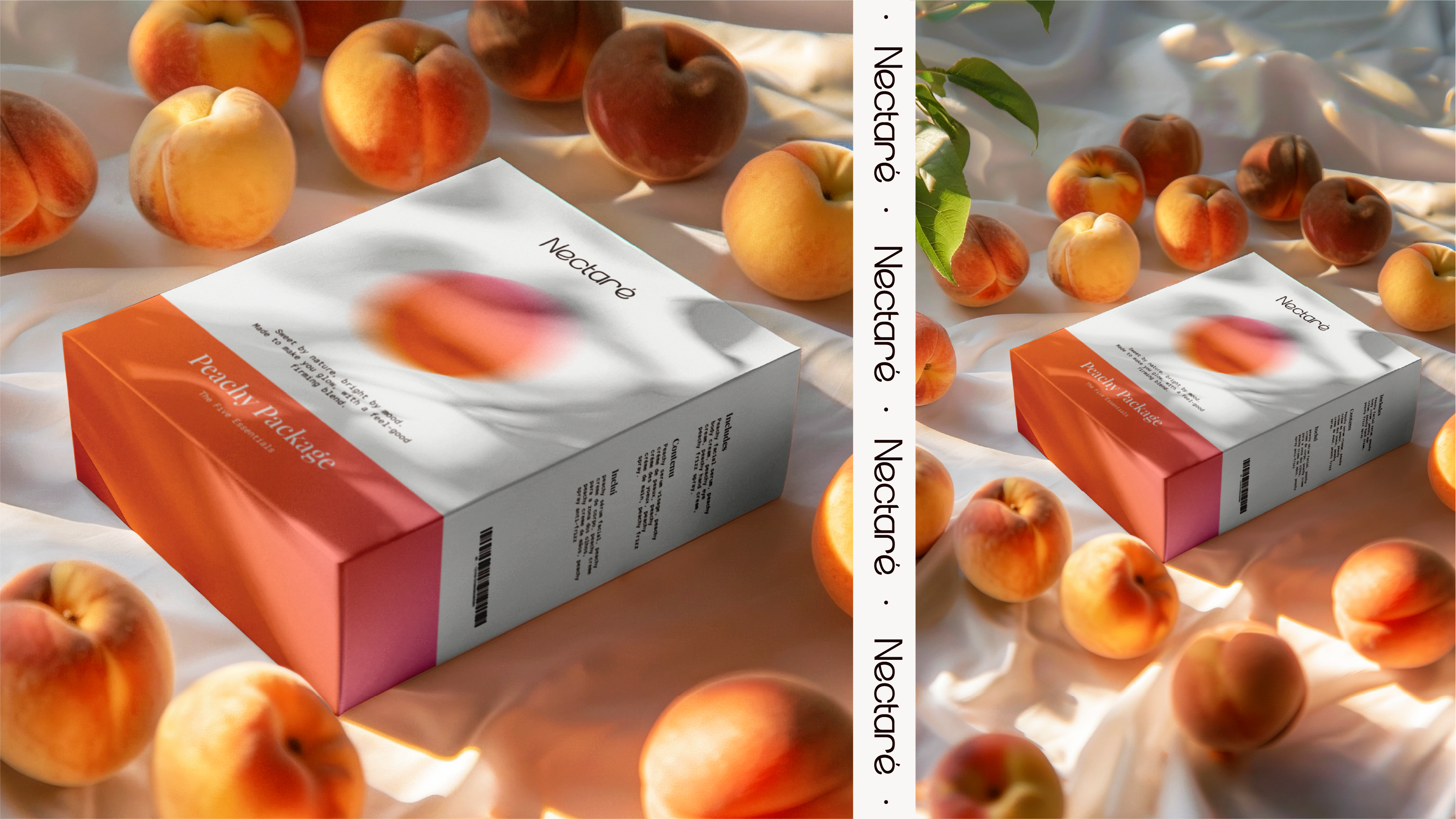 Nectaré Peachy Package gift box photographed among peaches