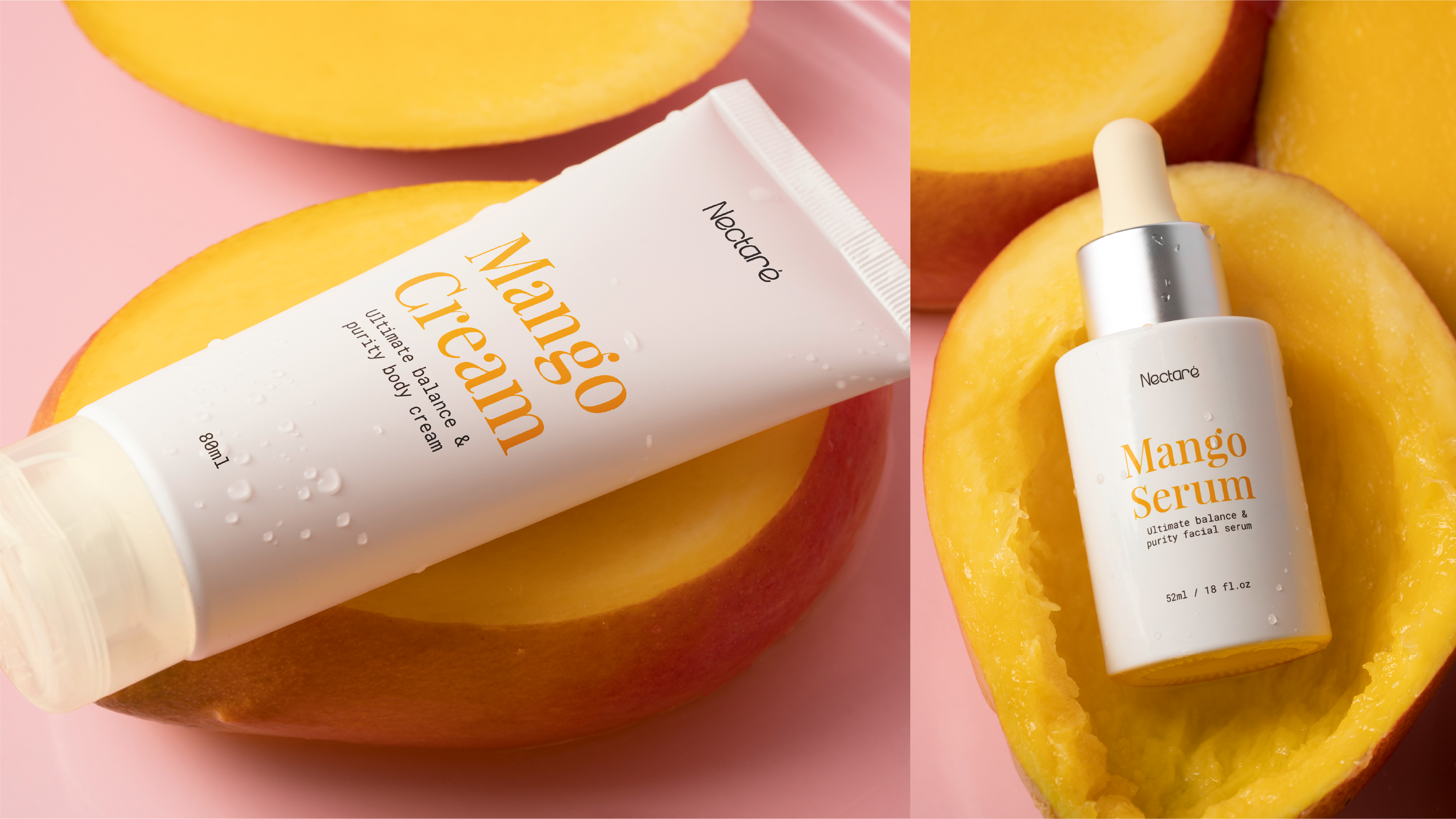 Nectaré Mango Cream tube and Mango Serum bottle on sliced mango